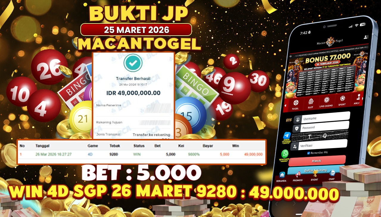 MACANTOGEL JACKPOT PERMAINAN TOGEL 4D SGP Rp.49.000.000,- LUNAS