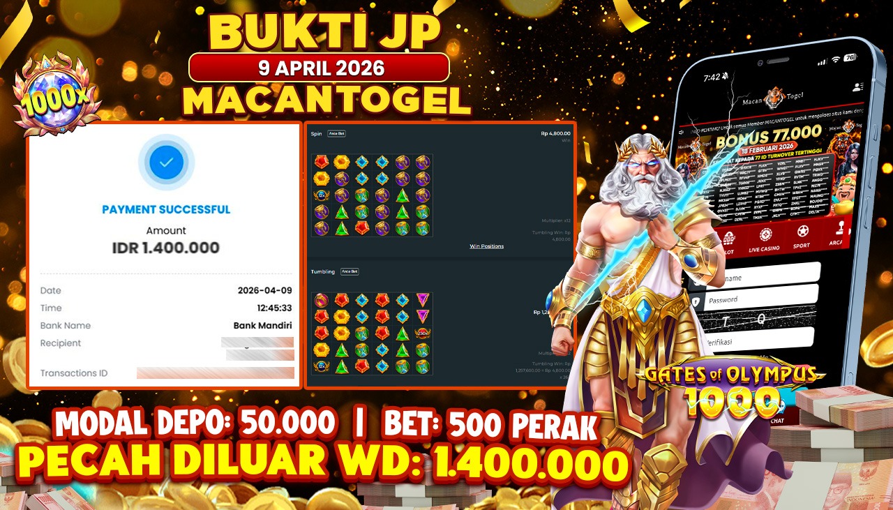 MACANTOGEL JACKPOT PERMAINAN SLOT PRAGMATIC PLAY GATES OF OLYMPUS 1000 Rp.1.400.000,- LUNAS