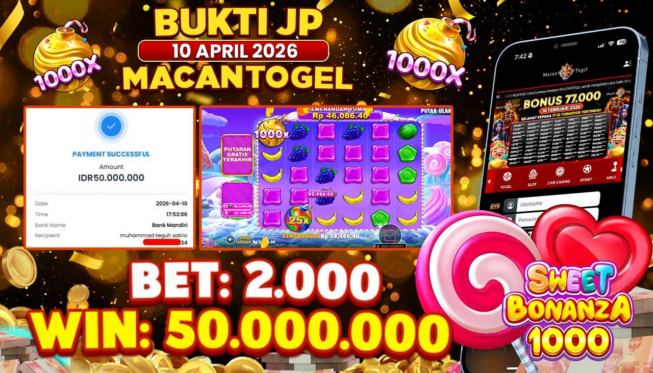 MACANTOGEL JACKPOT PERMAINAN SLOT PRAGMATIC PLAY SWEET BONANZA 1000 Rp.50.000.000,- LUNAS