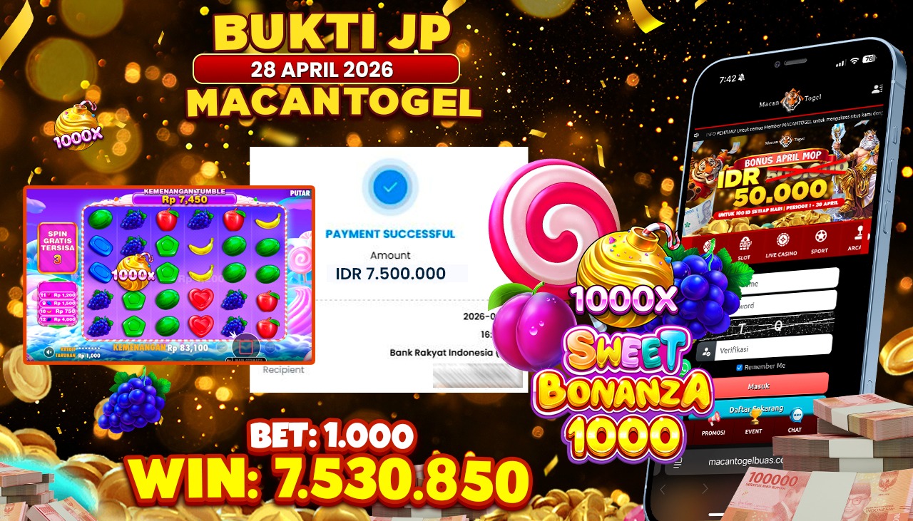 MACANTOGEL JACKPOT PERMAINAN SLOT PRAGMATIC PLAY SWEET BONANZA 1000 Rp.7.530.850,- LUNAS